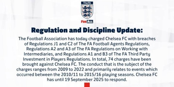 英足总官方：对切尔西提起74项财务指控 需9月19日前作出回应