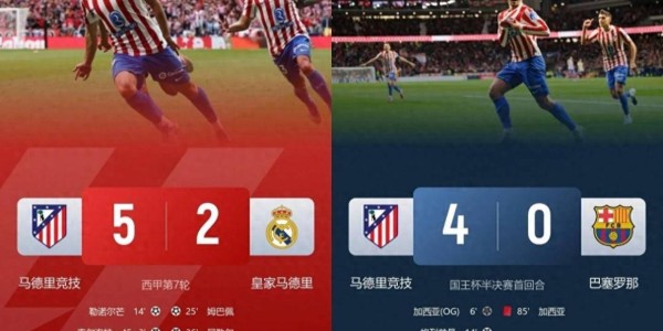 马竞成第一神经刀！马竞5-2皇马4-0巴萨 但西甲落后皇萨多达12分