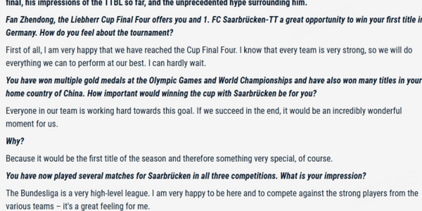 樊振东谈德甲联赛：水平非常高，能感受到人们对于选手的尊重